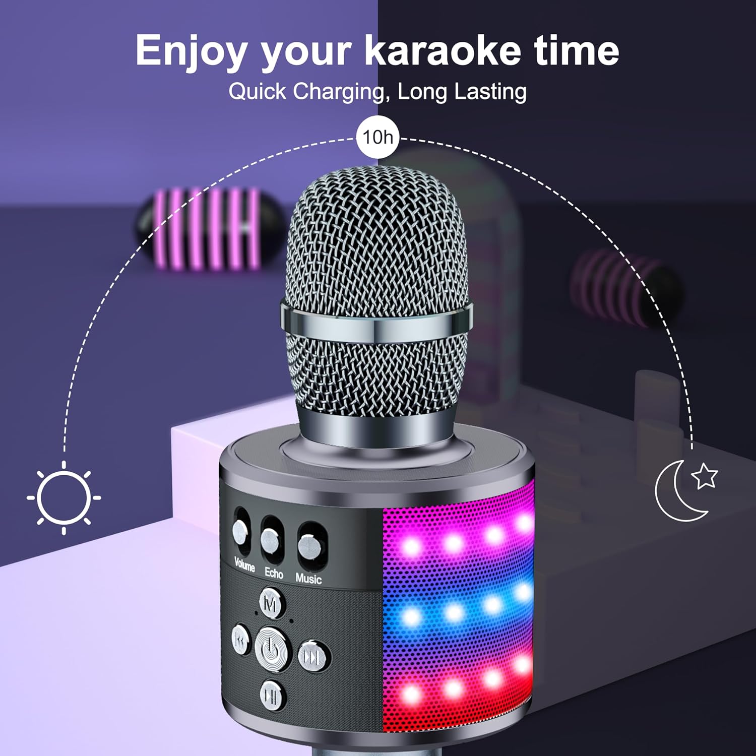 BONAOK Karaoke Microphone for Kids & Adults - Bluetooth Microphones Singing Mic with Disco Lights, Echo Effect, Built-in Speaker Portable Karaoke Player for Party Travel Gifts Q78(Space Gary)